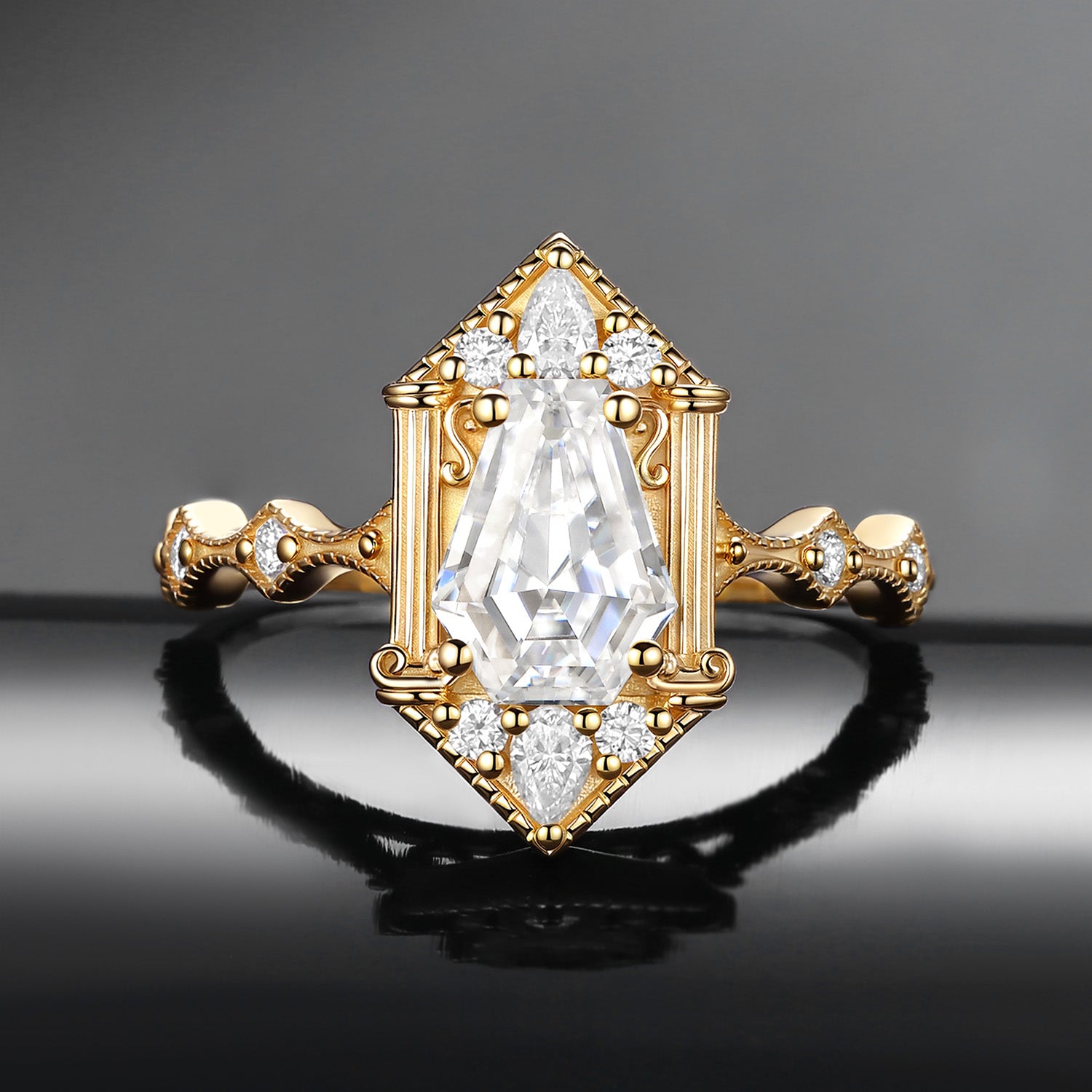 Vintage Inspired Coffin Cut Moissanite Vampire Shield Fallen Aegis Engagement Ring