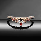Vintage Inspired Gothic Art Deco Moissanite And Garnet Curved Wedding Band