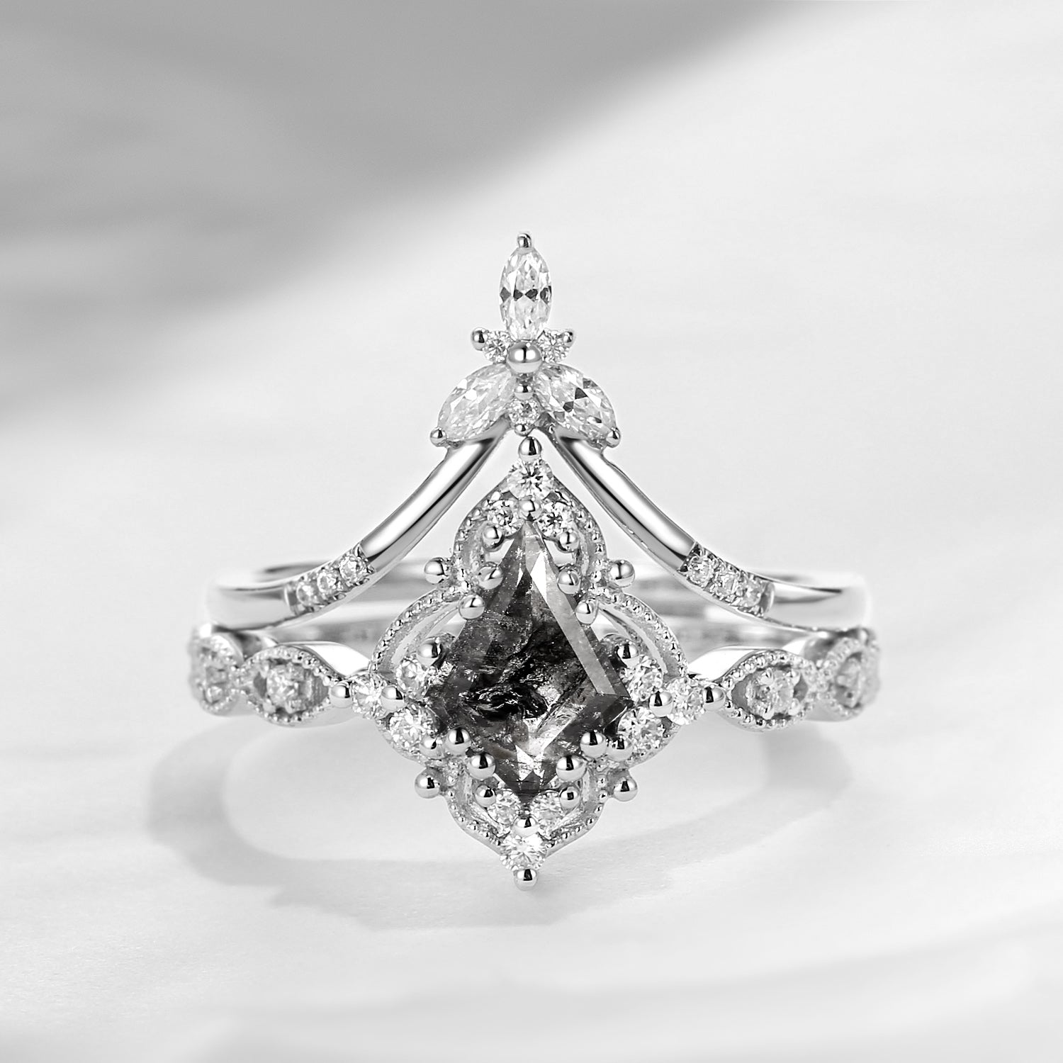 Vintage Inspired Kite Cut Herkimer Diamond Engagement Ring Bridal Set 2pcs