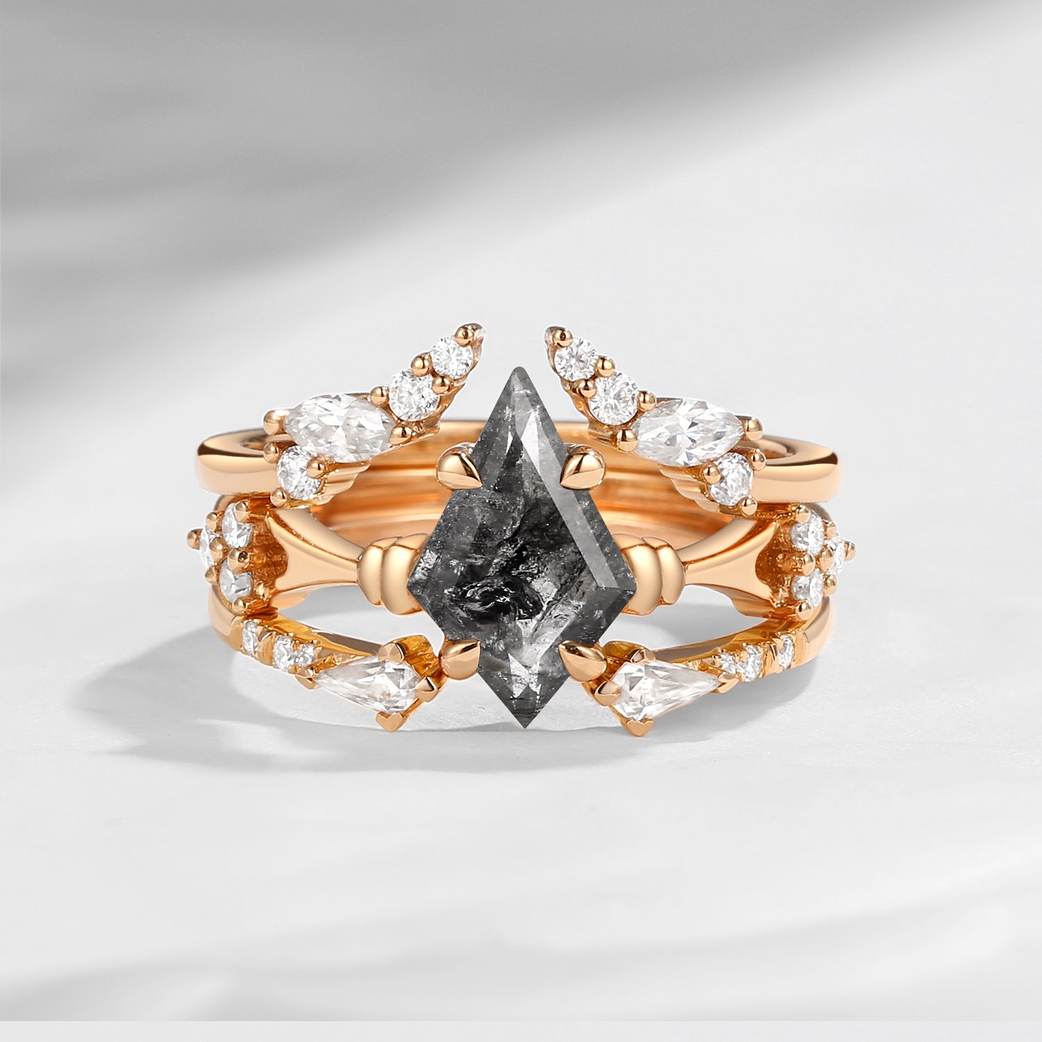 Vintage Inspired Kite Cut Herkimer Diamond Engagement Ring Bridal Set 3pcs