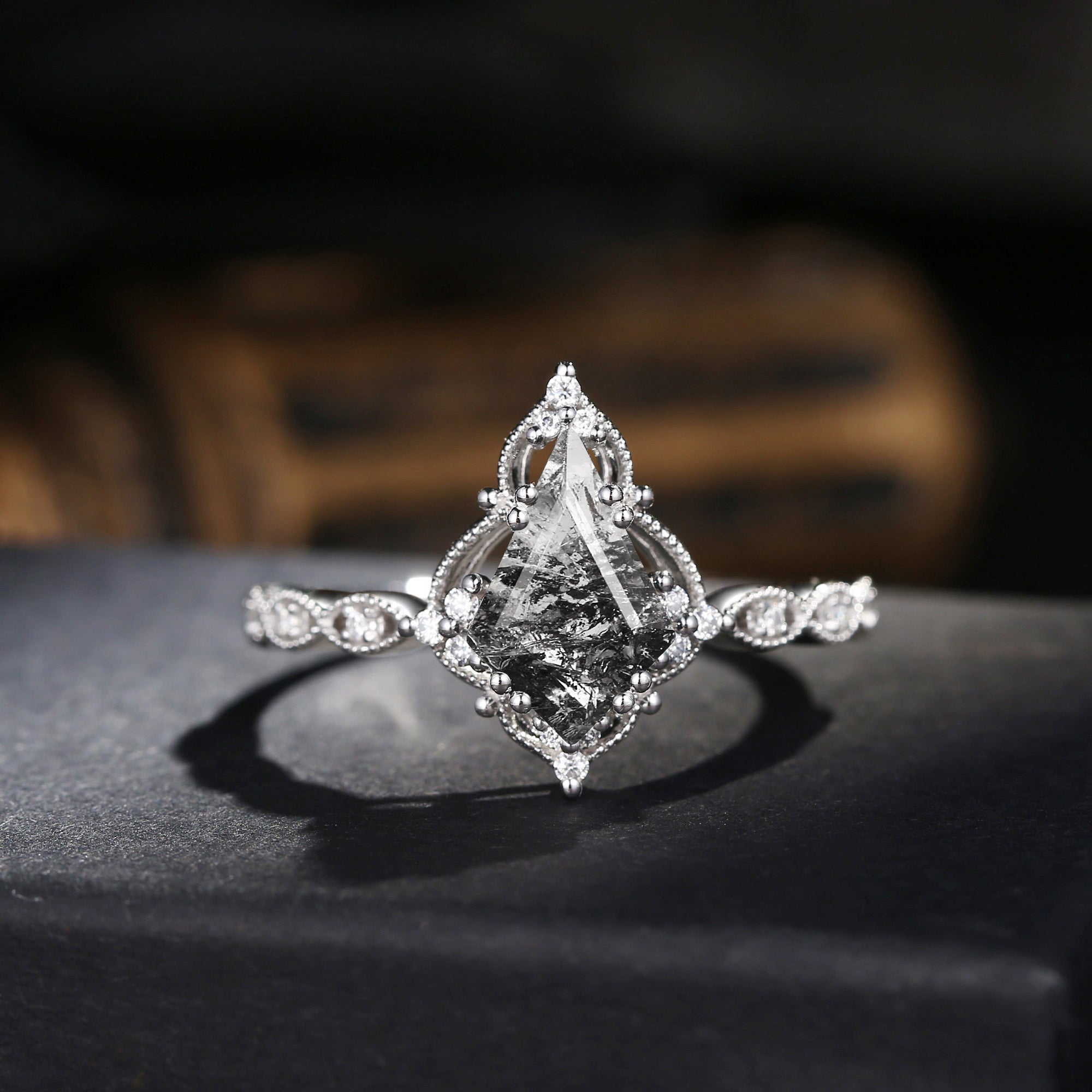 Vintage Inspired Milgrain Kite Cut Herkimer Diamond Engagement Ring