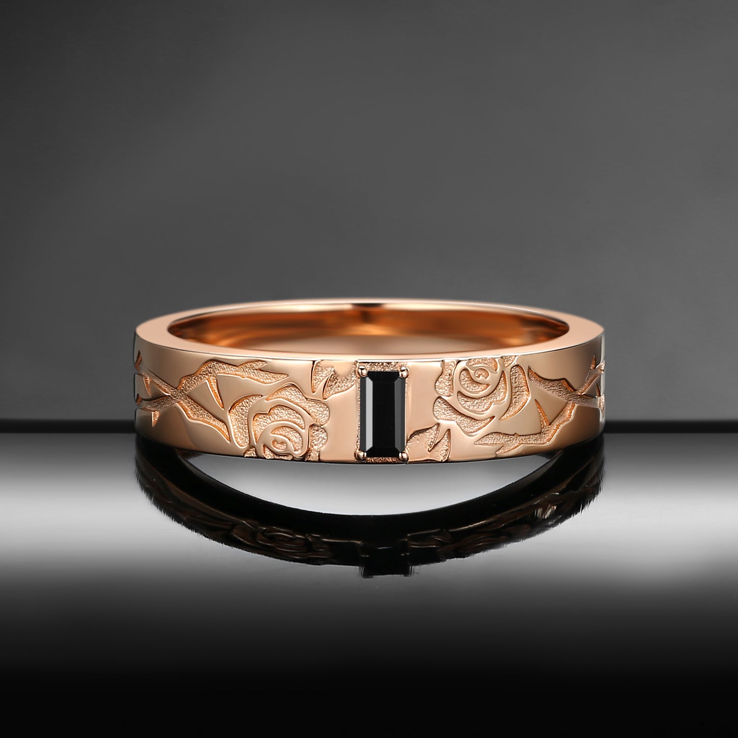 Vintage Inspired Rectangular Cut Black Moissanite 'Thorns & Roses' Filigree Wedding Band - Everlasting Love