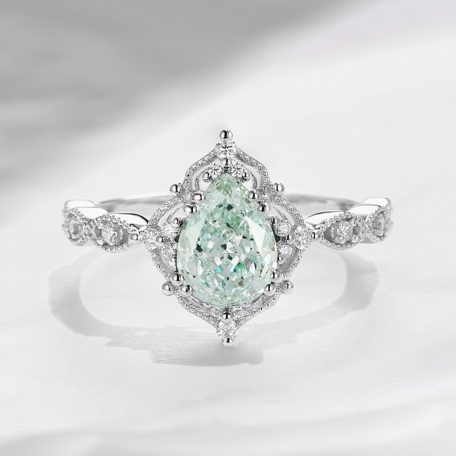 Vintage Pear Shaped Green Lab Diamond Engagement Ring