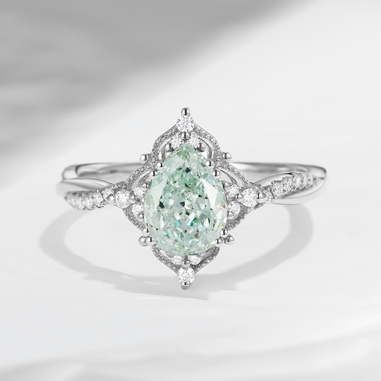 Vintage Style Pear Shaped Green Lab Diamond Infinity Engagement Ring