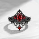 Bat Ring - Gothic Marquise Cut Red Garnet Engagement Ring Set with Bat Wing Inspired Band