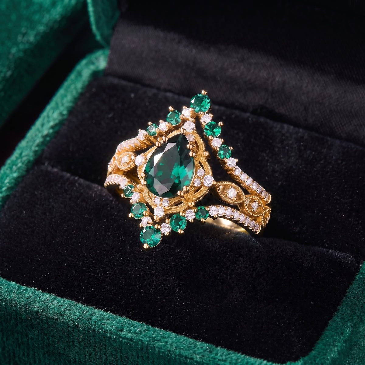 'Elara' - Vintage Pear Cut Lab Emerald Engagement Ring Set with Milgrain Detailing