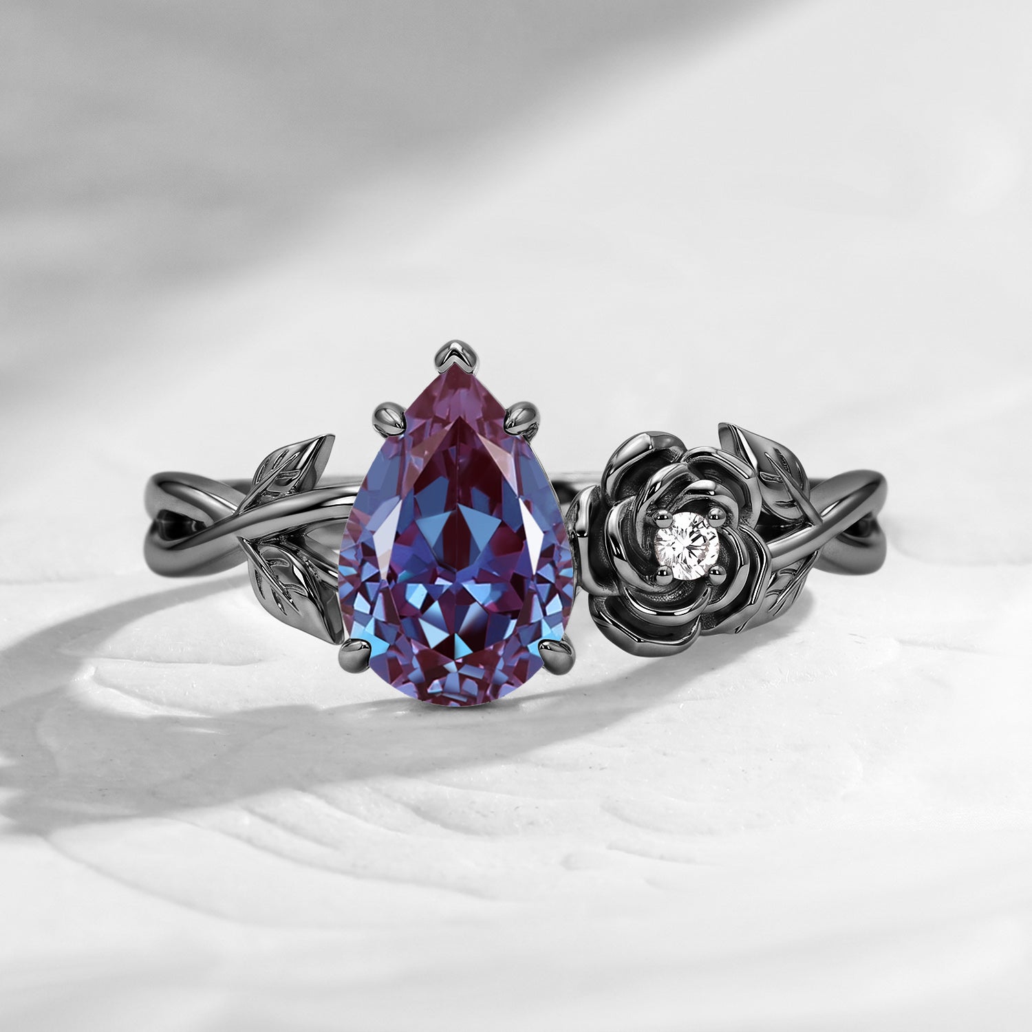 'Toi et Moi' - Nature Inspired Pear Lab Alexandrite Romantic Rose Flower Engagement Ring with Twisted Vine Band