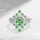 Crescent Moon | Unique Pear Shaped Lab Tsavorite Vintage Engagement Ring Set 3pcs 18K