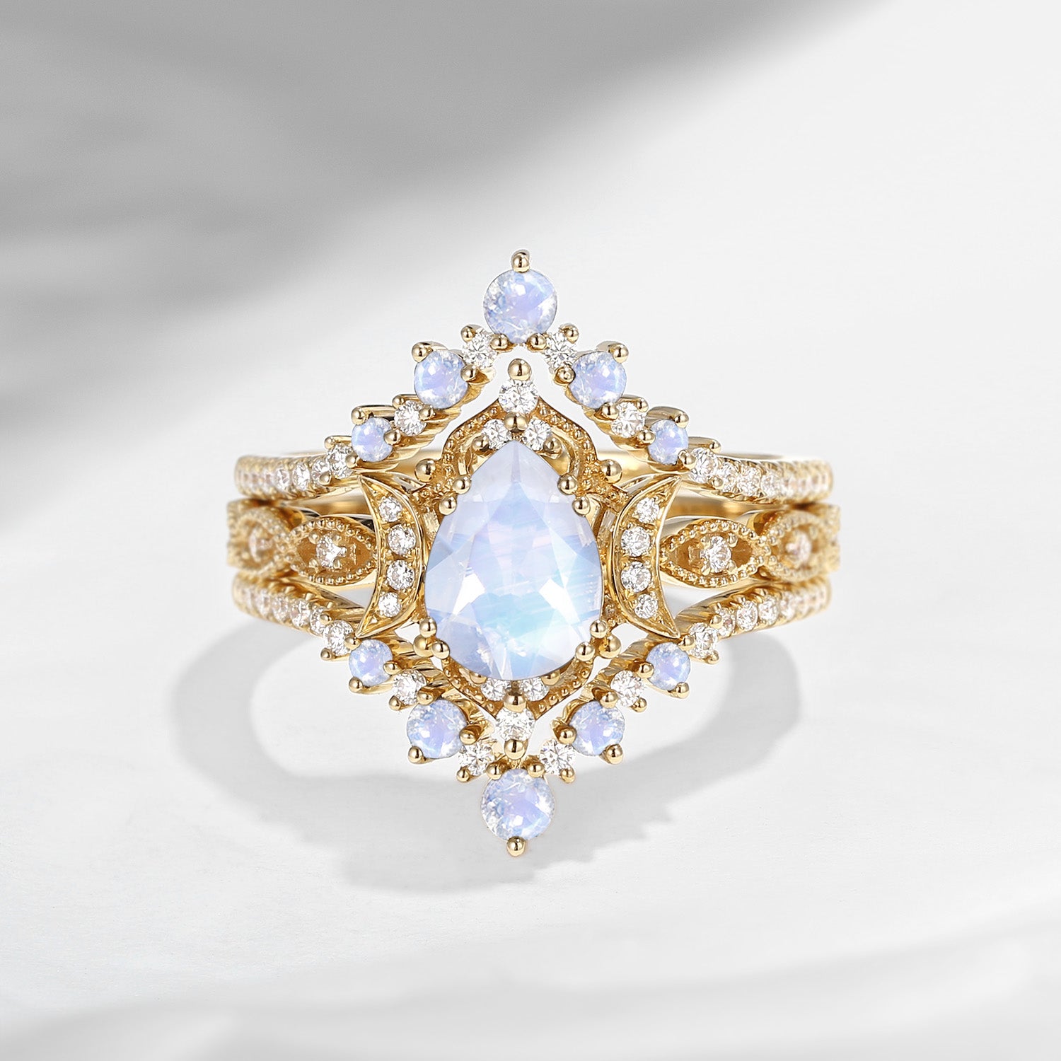 Crescent Moon | Moonstone Crescent Engagement Ring Set 3pcs In Pear 18K