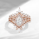 Pear shaped Moissanite Engagement Ring Set Rose Gold Milgrain Cluster Ring Vintage Style Unique Bridal Anniversary