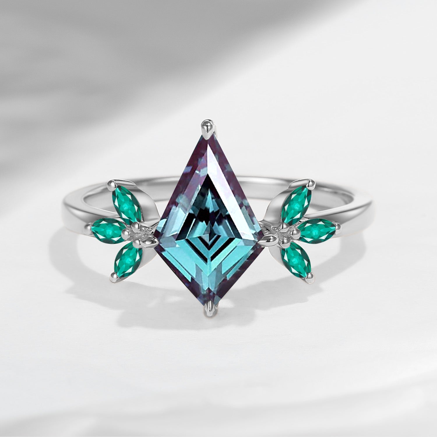 Kite Shaped Lab Alexandrite & Emerald Butterfly Cluster Engagement Ring