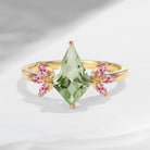 Unique Kite Shaped Green Amethyst & Natural Pink Tourmaline Butterfly Engagement Ring