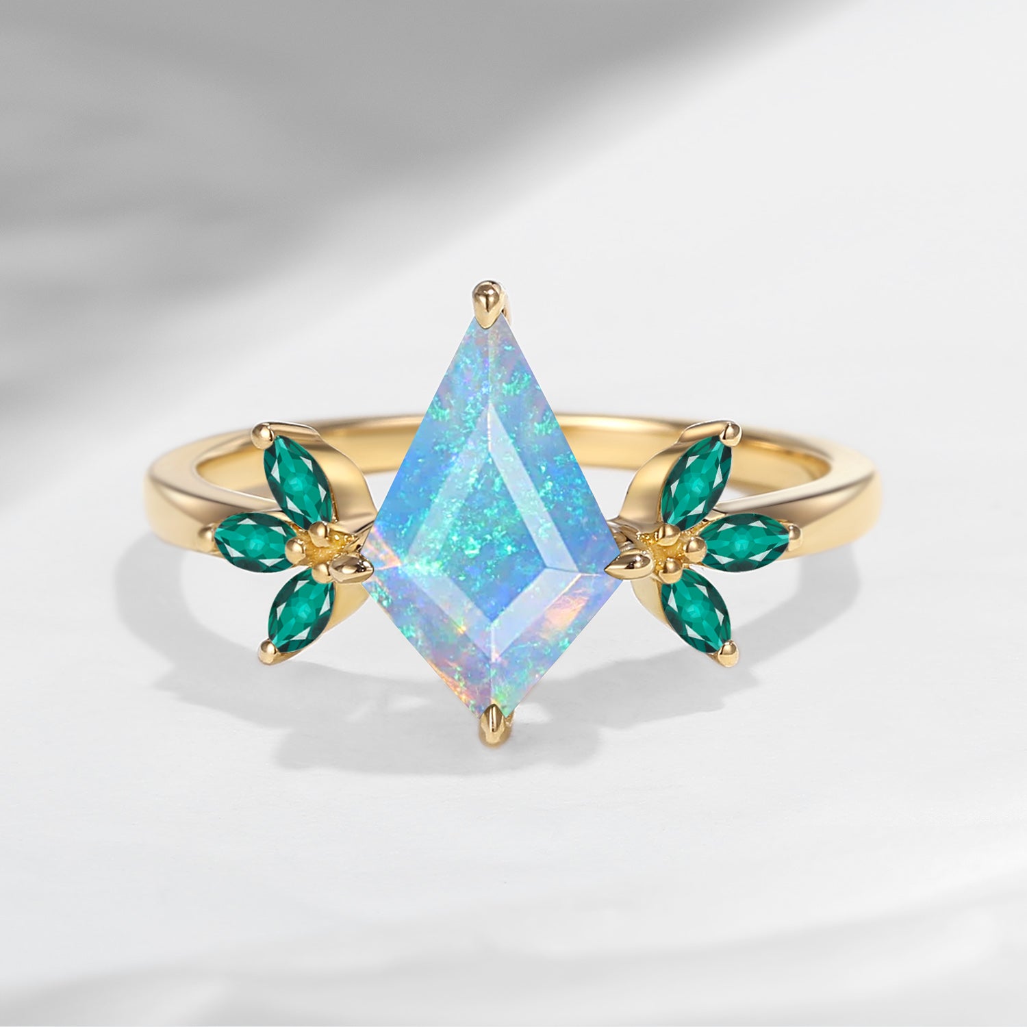 Unique Kite Shaped Natural Opal & Emerald Butterfly Engagement Ring