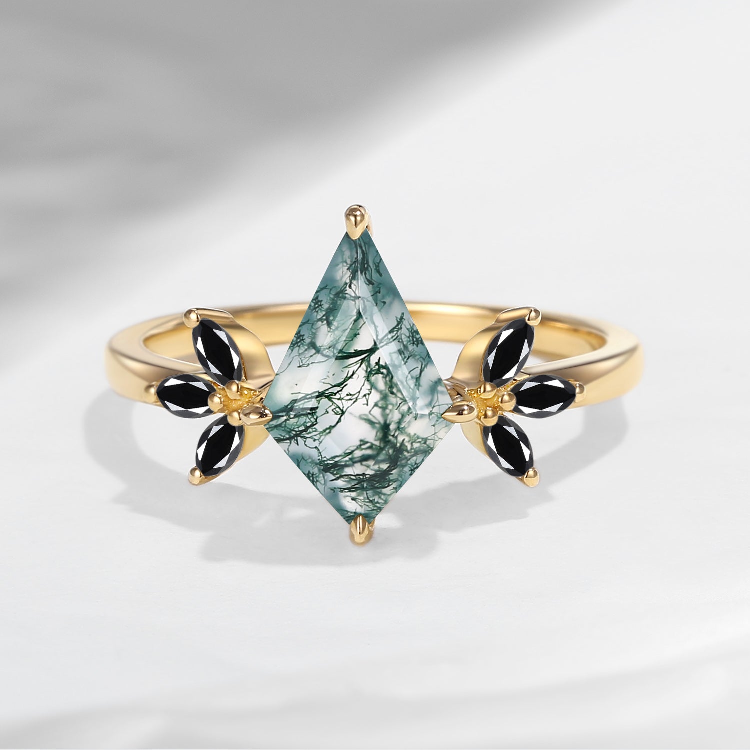 Unique Kite Shaped Moss Agate & Black Moissanite Butterfly Engagement Ring