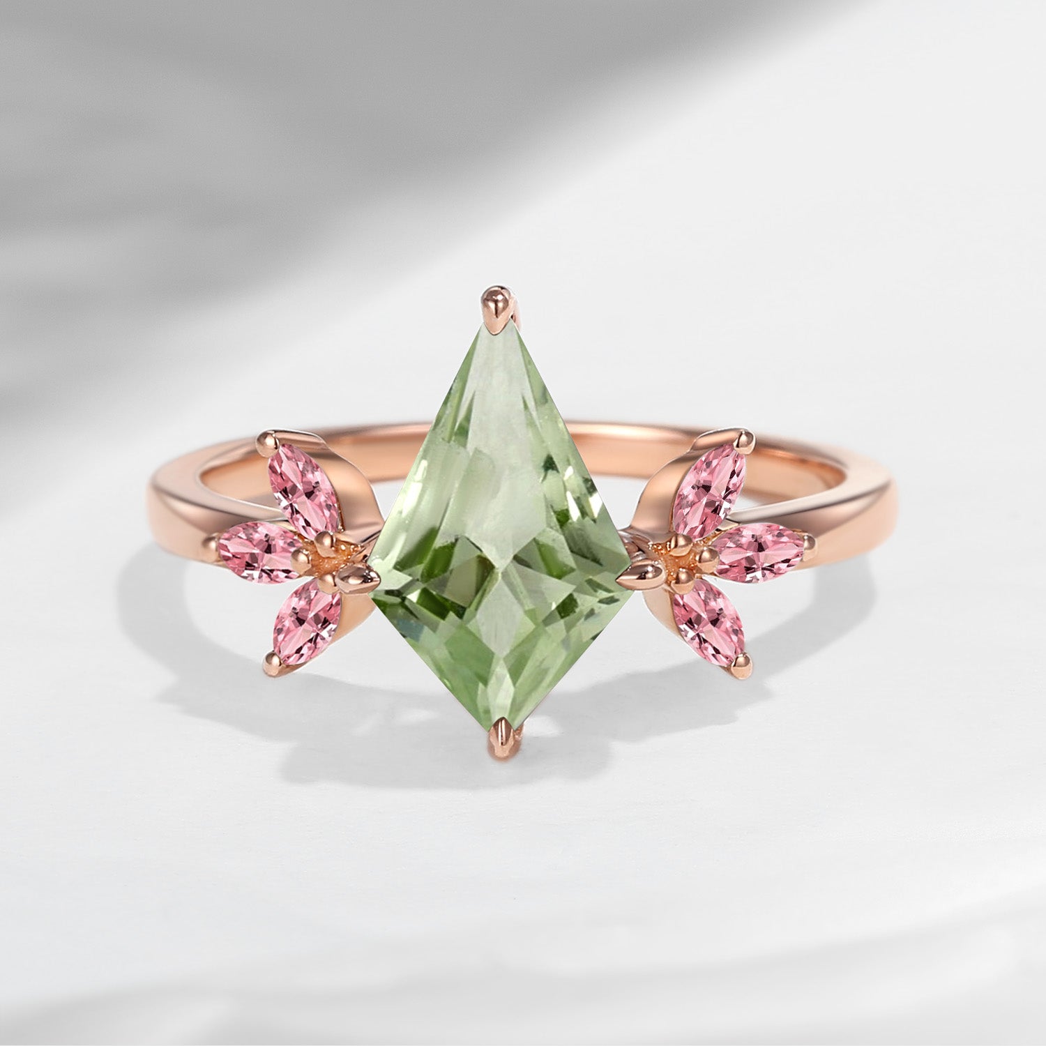 Unique Kite Shaped Green Amethyst & Natural Pink Tourmaline Butterfly Engagement Ring