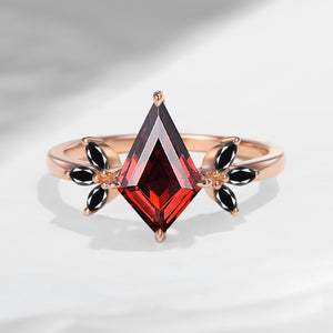 Art Deco Kite Shaped Garnet & Black Moissanite Butterfly Engagement Ring