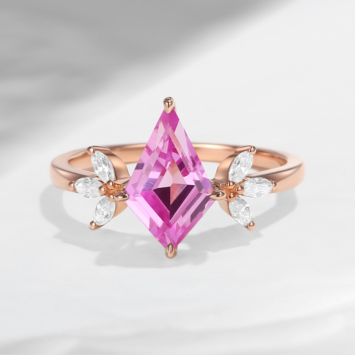 Kite Shaped Lab Pink Sapphire Butterfly Cluster Engagement Ring