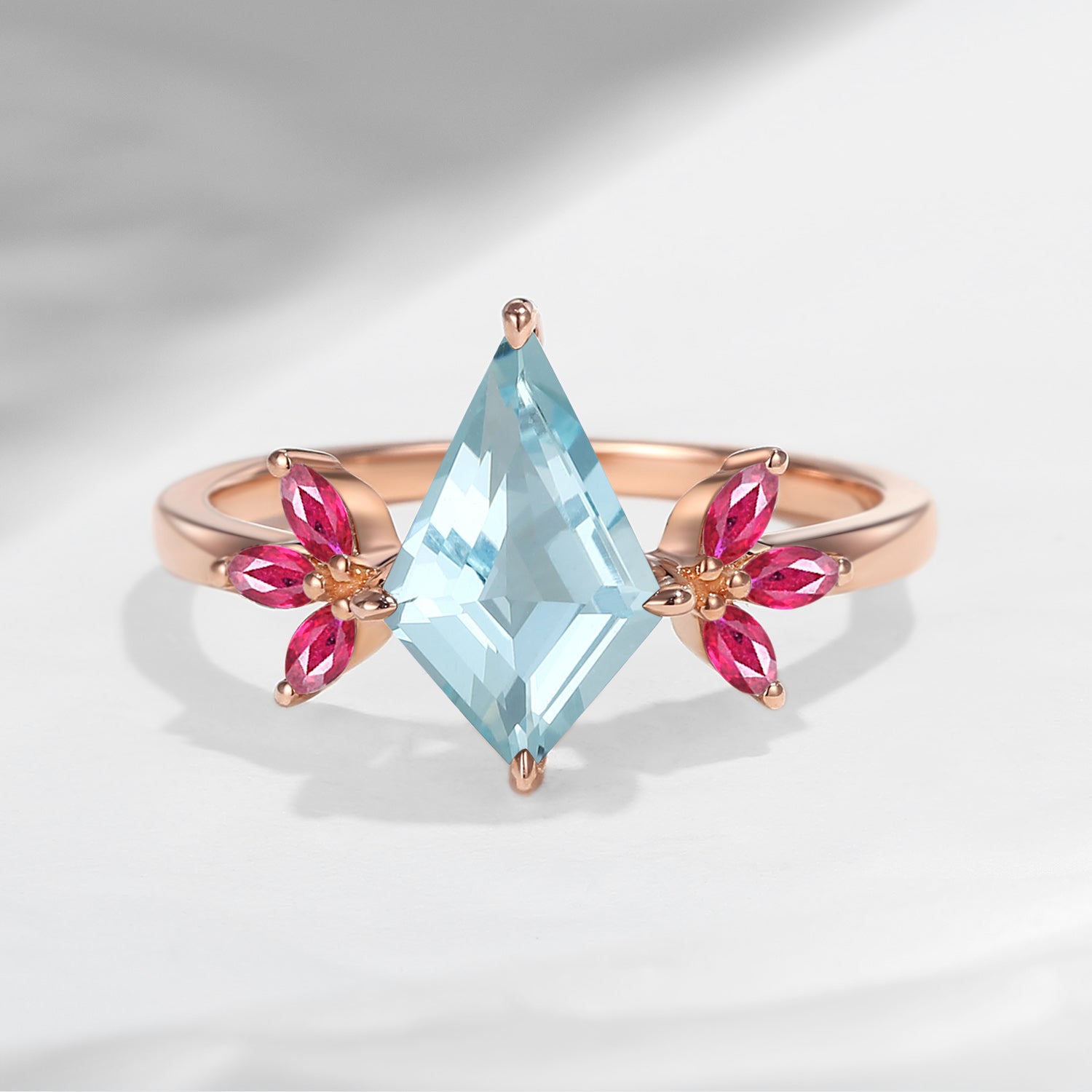 Kite Shaped Natural Aquamarine & Ruby Butterfly Cluster Engagement Ring