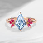 Kite Shaped Natural Aquamarine & Ruby Butterfly Cluster Engagement Ring