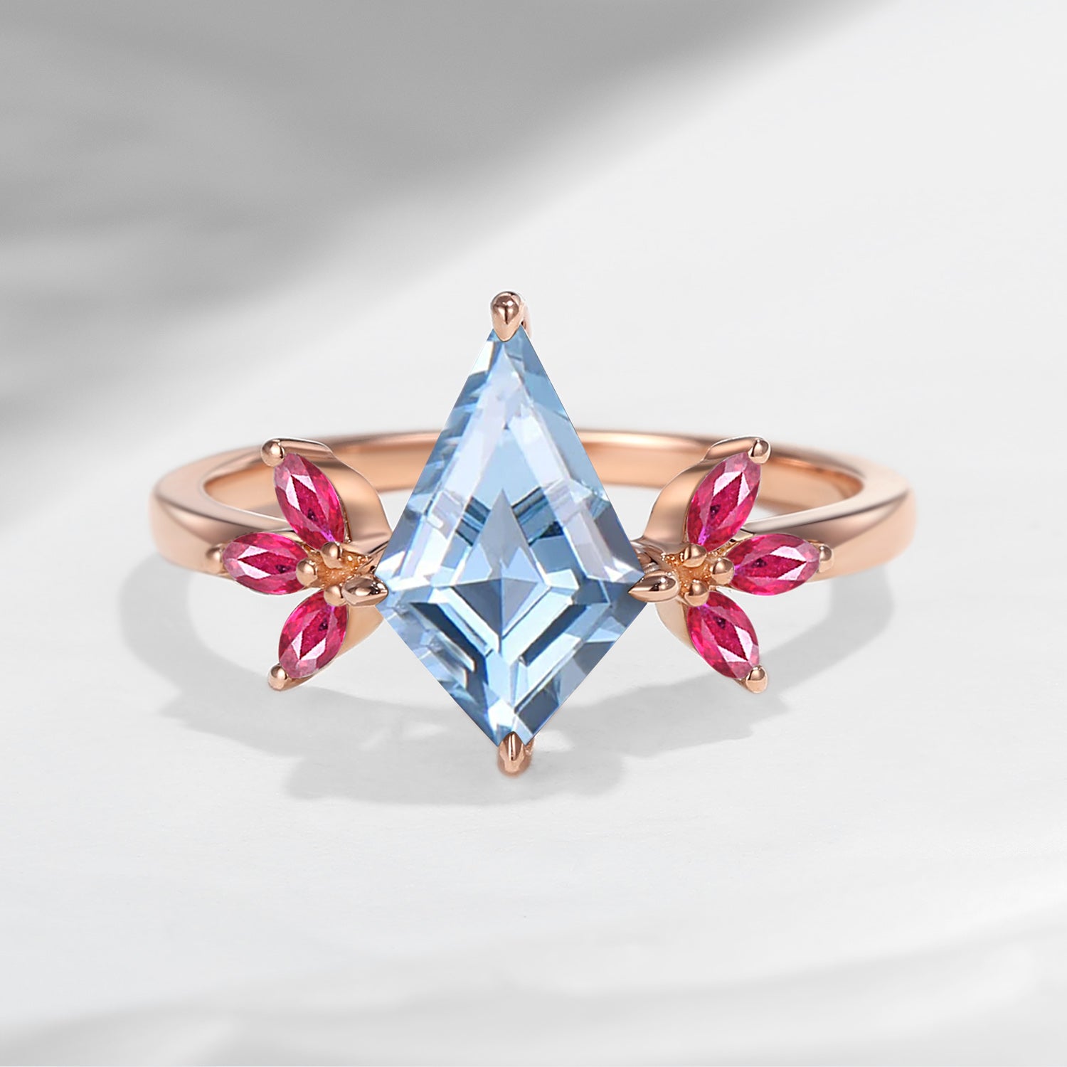 Kite Shaped Natural Aquamarine & Ruby Butterfly Cluster Engagement Ring