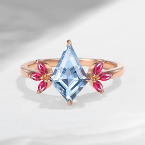 Kite Shaped Natural Aquamarine & Ruby Butterfly Cluster Engagement Ring