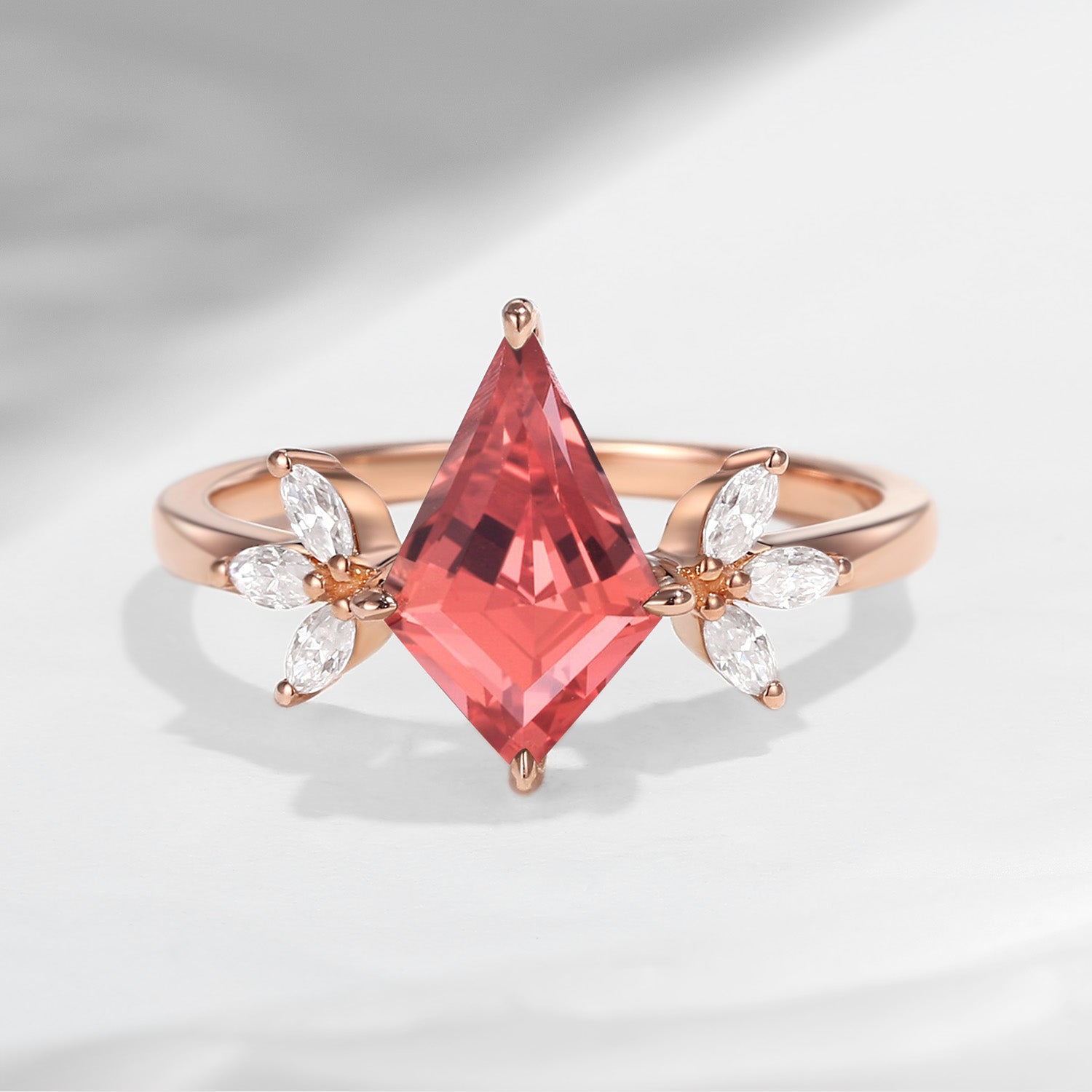 Kite Shaped Lab Padparadscha Butterfly Cluster Engagement Ring