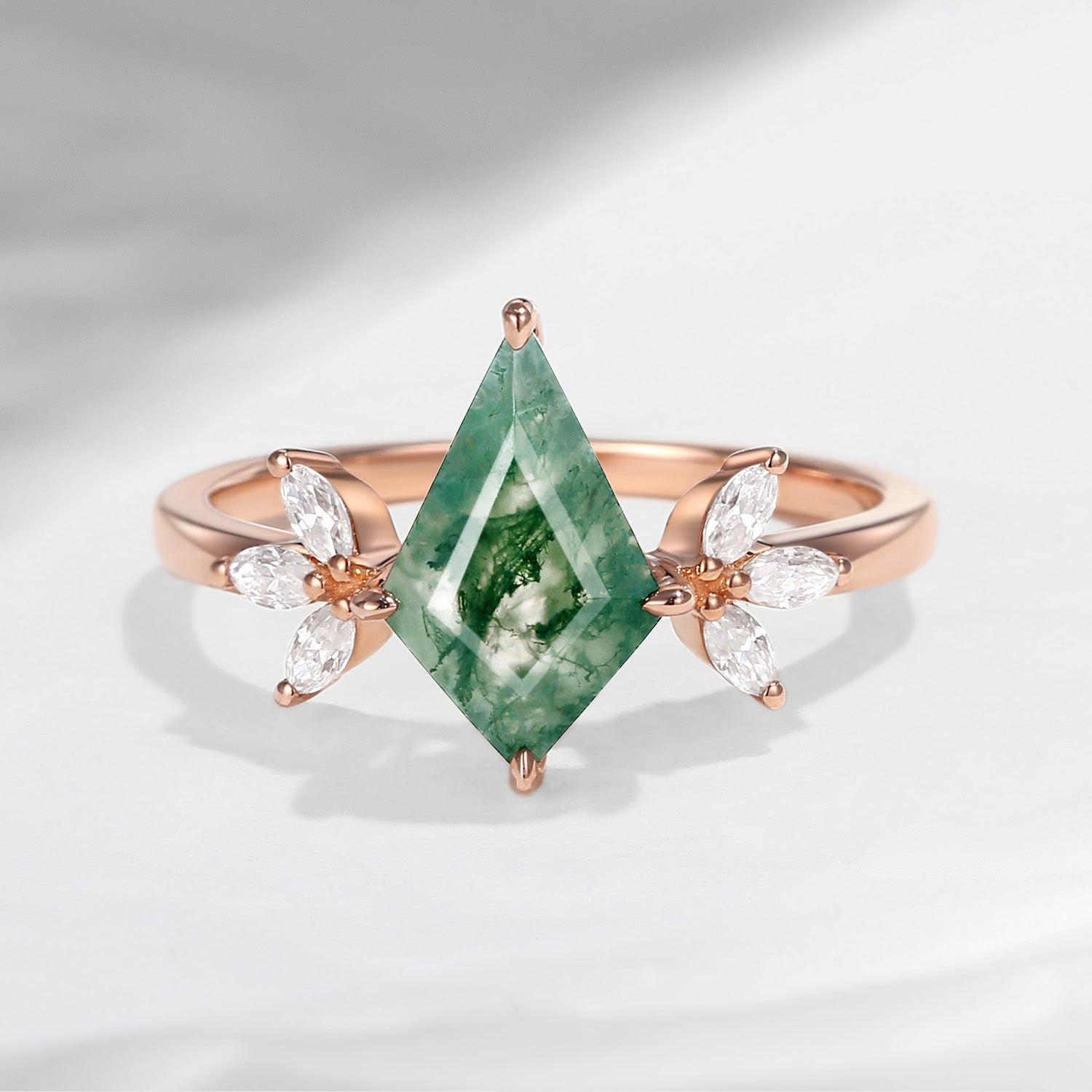 Unique Kite Shaped Moss Agate Butterfly Engagement Ring