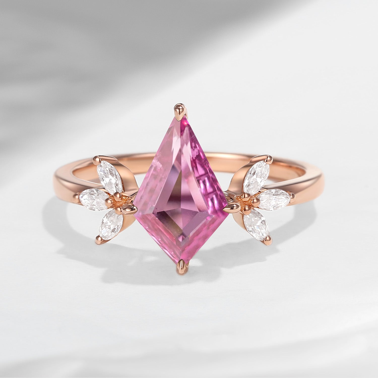 Kite Shaped Pink Sapphire Butterfly Cluster Engagement Ring