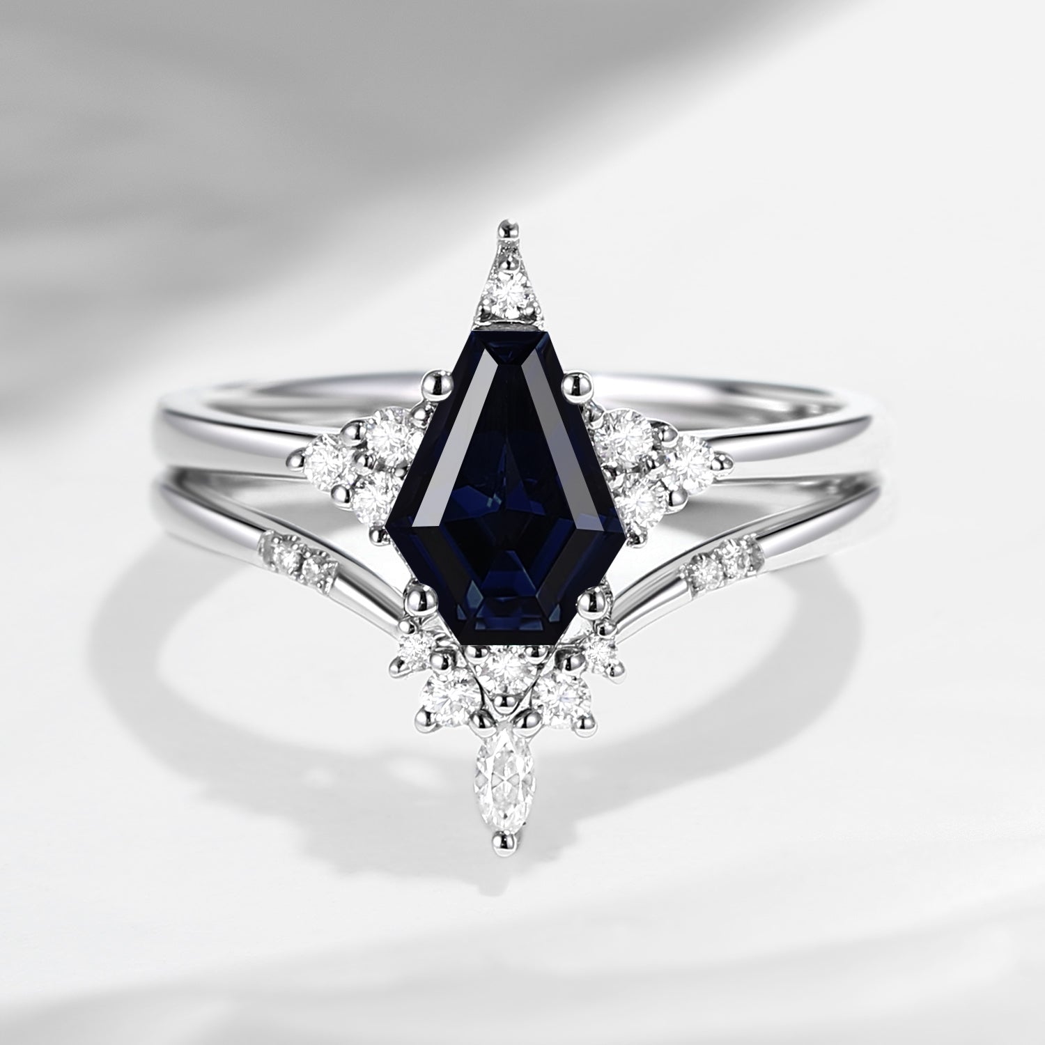 Unique Coffin Natural Black Sapphire Engagement Star Ring Set 2pcs - Coffin Kite