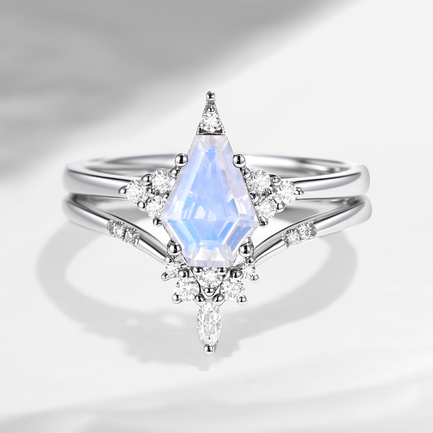 Unique Coffin Moonstone Engagement Ring Star Ring Set 2Pcs