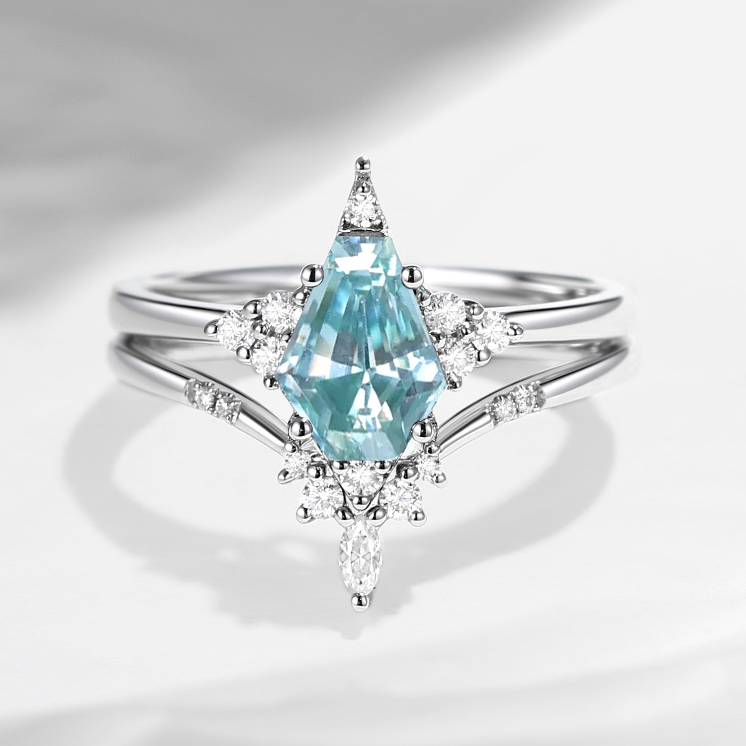 Coffin Natural Aquamarine Cluster Engagement Star Ring Set 2pcs - Coffin Kite