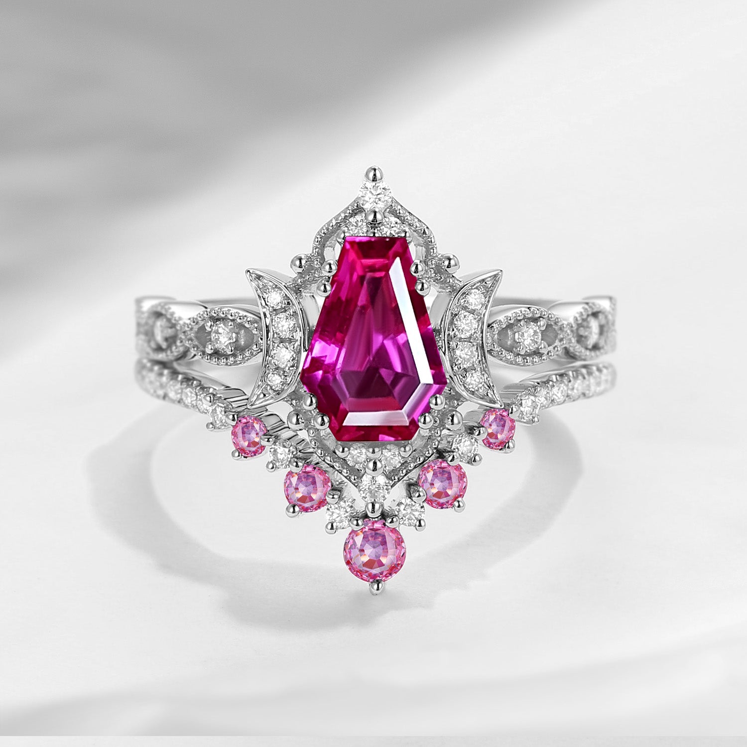 Crescent Moon | Coffin Cut Lab Pink Sapphire 'Till Death Do Us Apart' Ring Set 2pcs