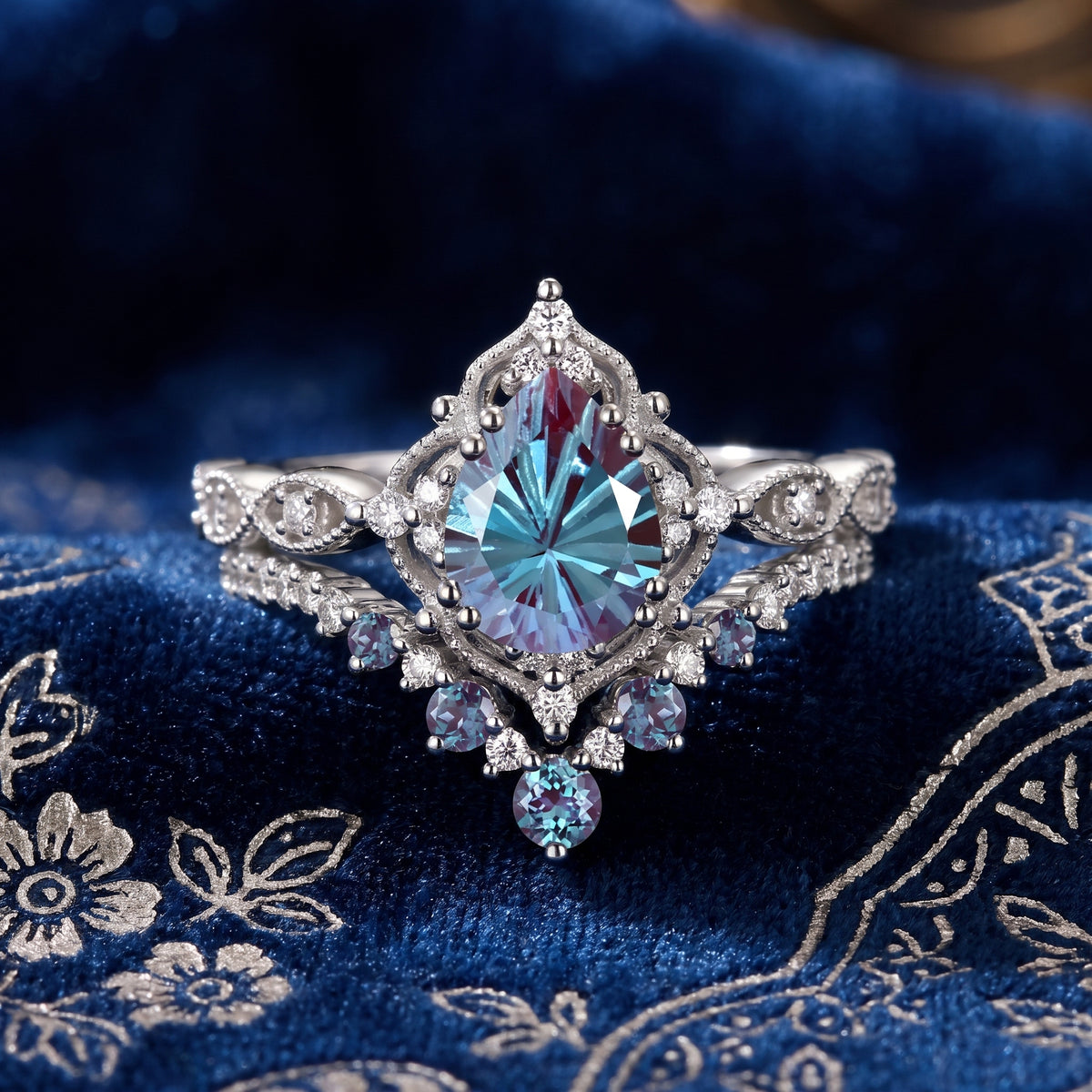 Antique Firework Cut Pear Shaped Lab Alexandrite Engagement Ring 2pcs