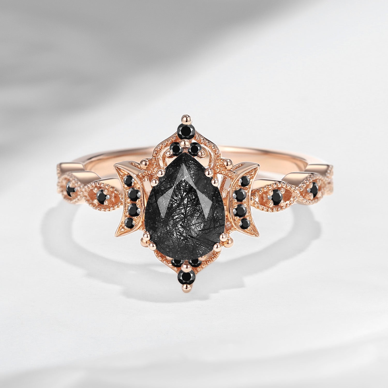  Black Rutilated Quartz Crescent Moon Ring