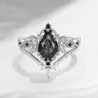 Crescent Moon | 18K Antique Pear Cut Black Rutilated Quartz Engagement Ring Set 2pcs - Dark Moon