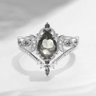 Crescent Moon | Antique Pear Cut Salt And Pepper Diamond Engagement Ring Set 2pcs - Dark Moon