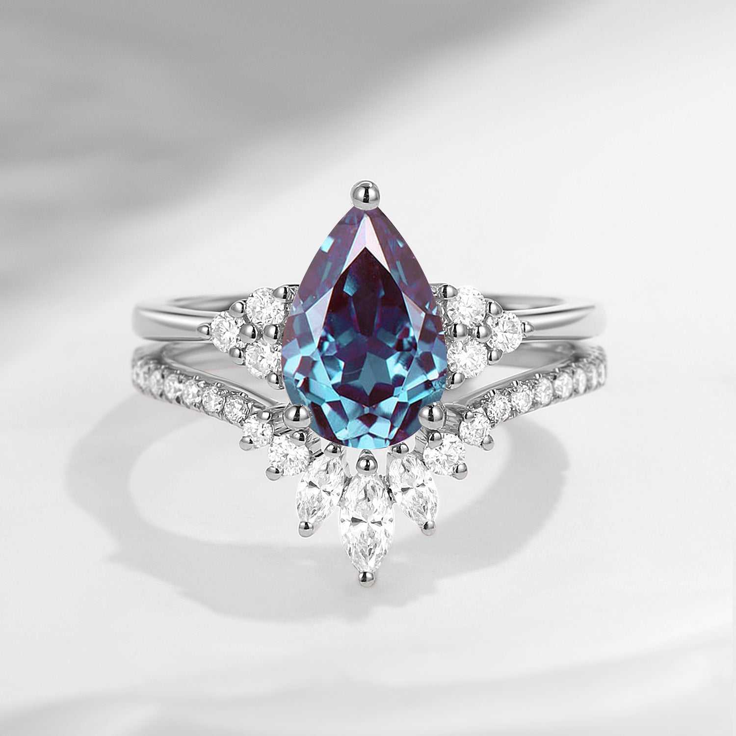 Pear Shaped Cluster Lab Alexandrite Engagement Ring Set 2pcs - Vivian