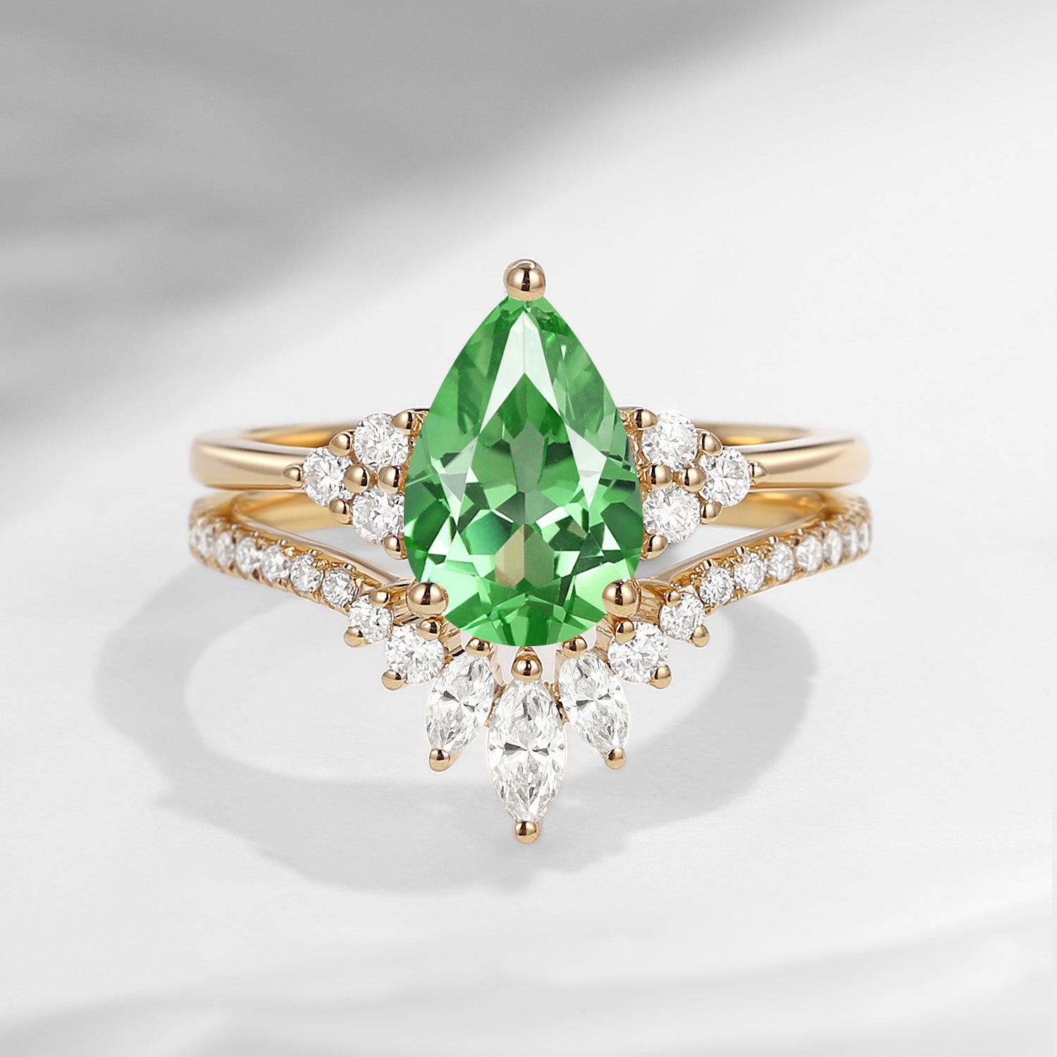 Pear Cut Lab Tsavorite Cluster Engagement Ring Set 2pcs - Vivian