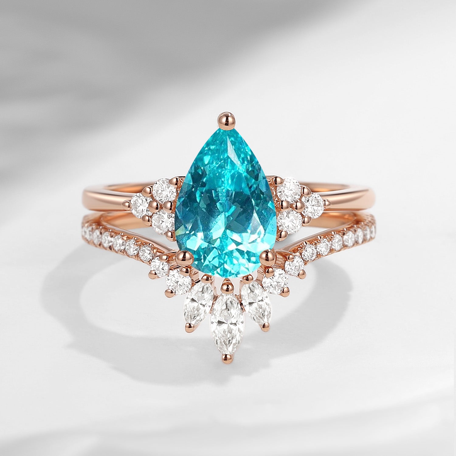 Pear Cut Lab Paraiba Cluster Engagement Ring Set 2pcs - Vivian