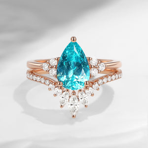 Pear Cut Lab Paraiba Cluster Engagement Ring Set 2pcs - Vivian