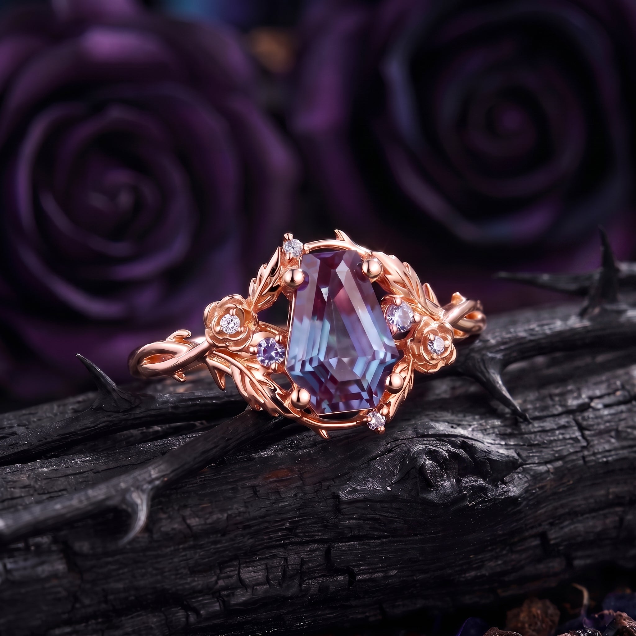 Unique Coffin Lab Alexandrite Thorns & Roses Engagement Ring