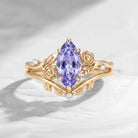 'A Rose Is A Rose Is A Rose' - Nature Inspired Marquise Lab Lavender Sapphire Romantic Rose Flower Engagement Ring Set with Leaf Band