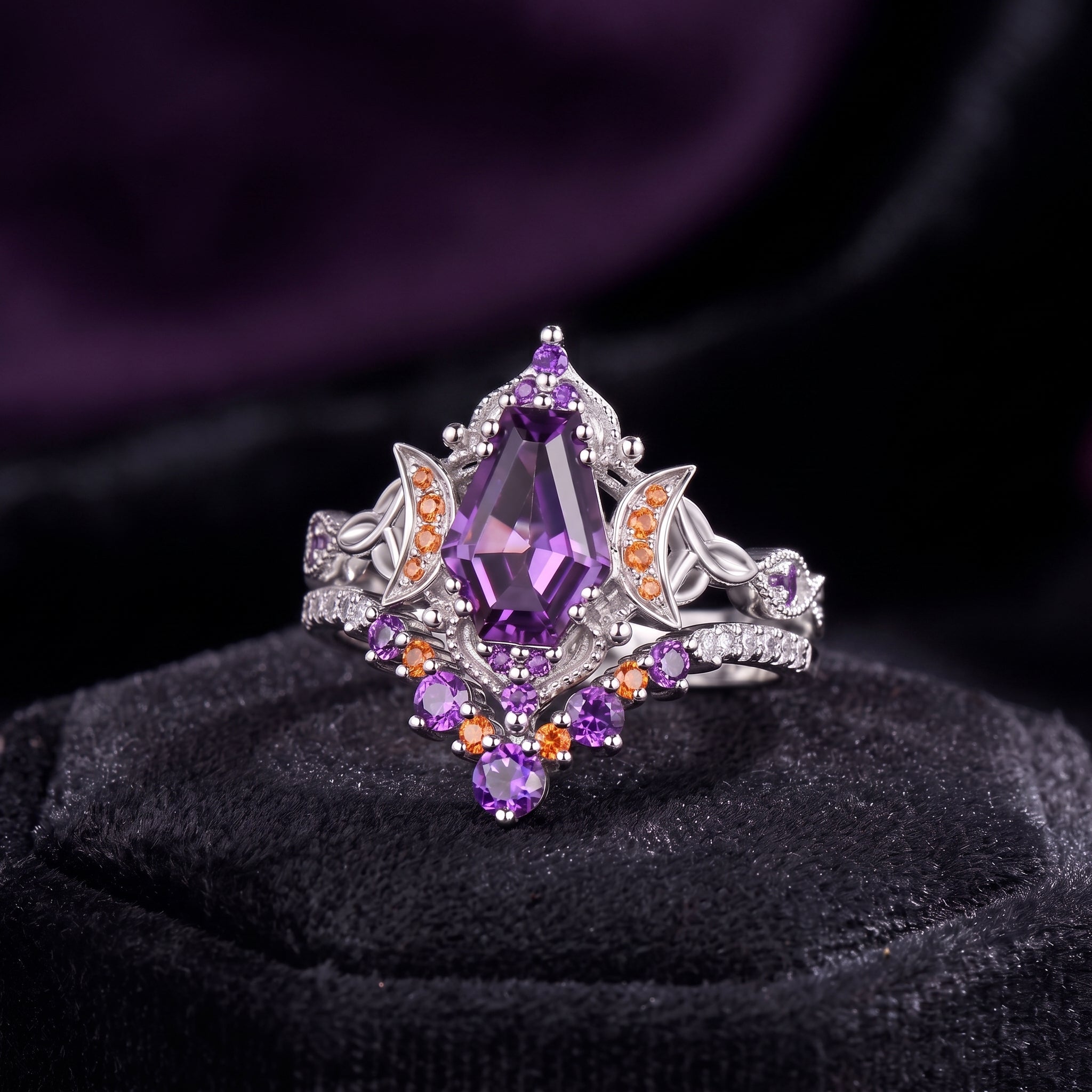 Celtic Moon - Coffin Cut Natural Amethyst Infinity Engagement Ring Set with Citrine Accents