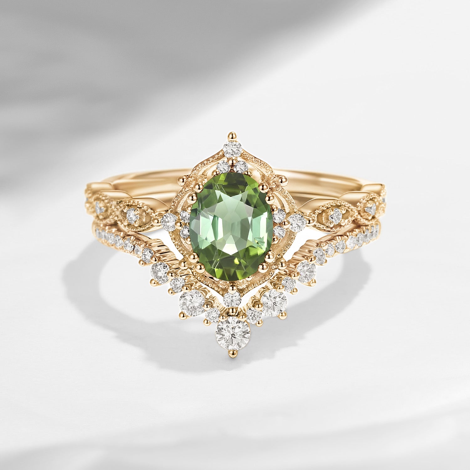 Antique Oval Natural Verdelite Vintage Engagement Ring Bridal Set 2pcs