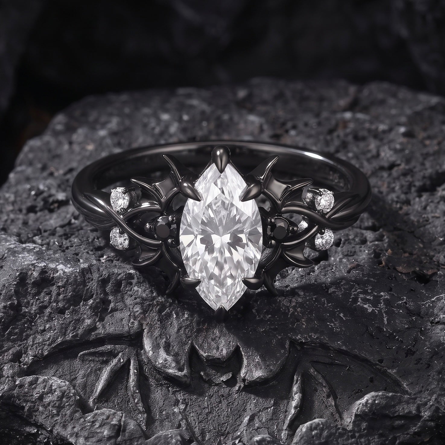 Gothic Inspired Marquise Moissanite Black Gold Infinity Engagement Ring - Night Court