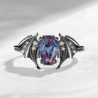 Coffin Cut Lab Alexandrite Gothic Inspired Black Gold Engagement Ring - Bat Ring