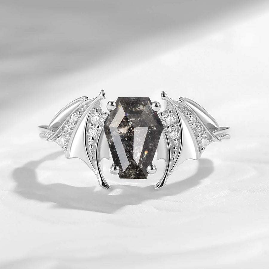 Coffin cut salt and pepper diamond bat wing black gold engagement ring