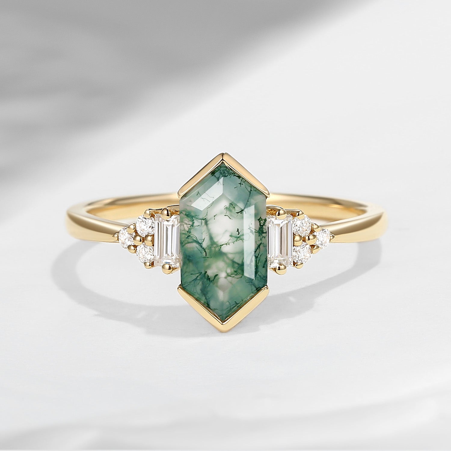 Art Deco Long Hexagon Moss Agate Cluster Engagement Ring