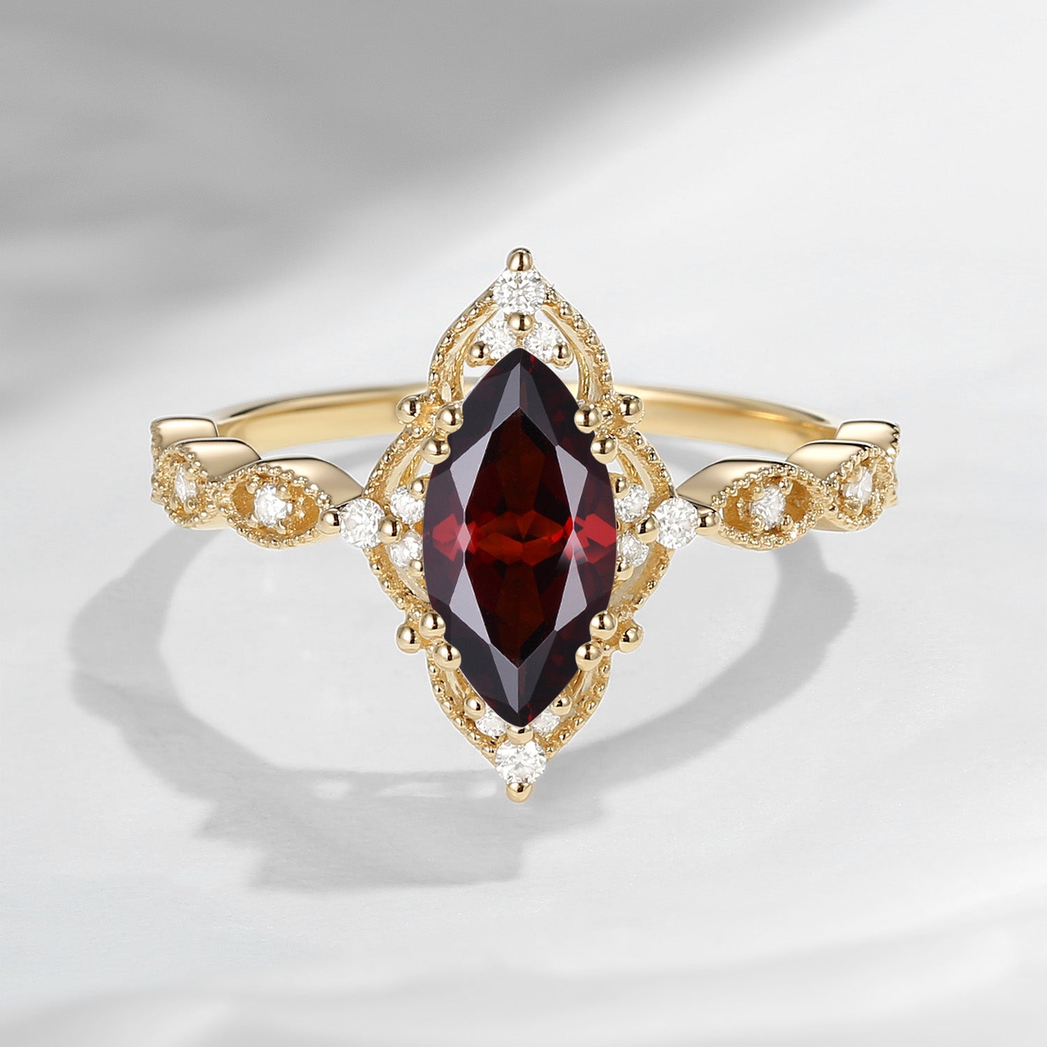 18K Unique Marquise Garnet Vintage Inspired Engagement Ring