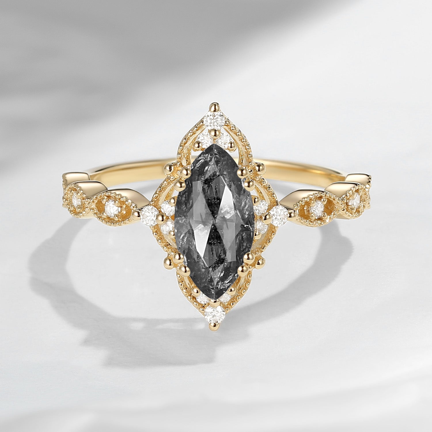 Unique Marquise Cut Natural Salt And Pepper Diamond Vintage Inspired Engagement Ring